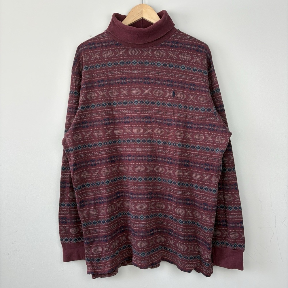 Vtg 90s Polo Ralph Lauren Cotton Fair Isle Turtleneck Shirt Mens XL Pony USA
